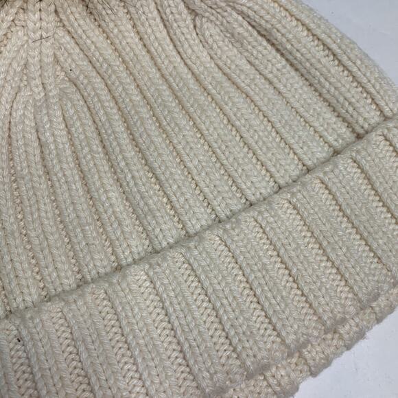 J Crew Cream Ribbed Knit Cream beanie with faux-fur pom-pom Hat - Picture 2 of 8
